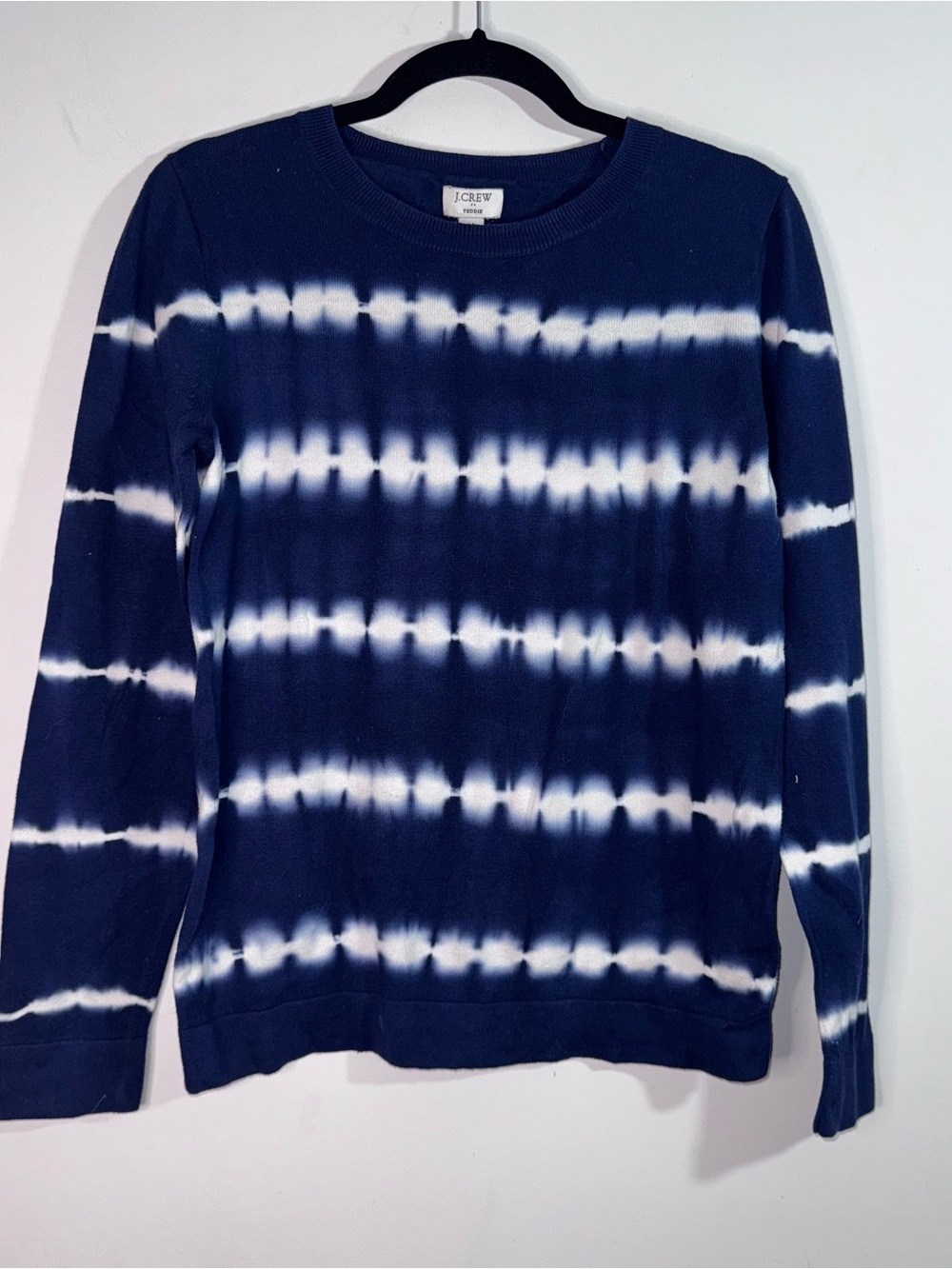 J.Crew Tie Dye Stripe Crewneck Sweater Navy White Cotton Knit Top Medium